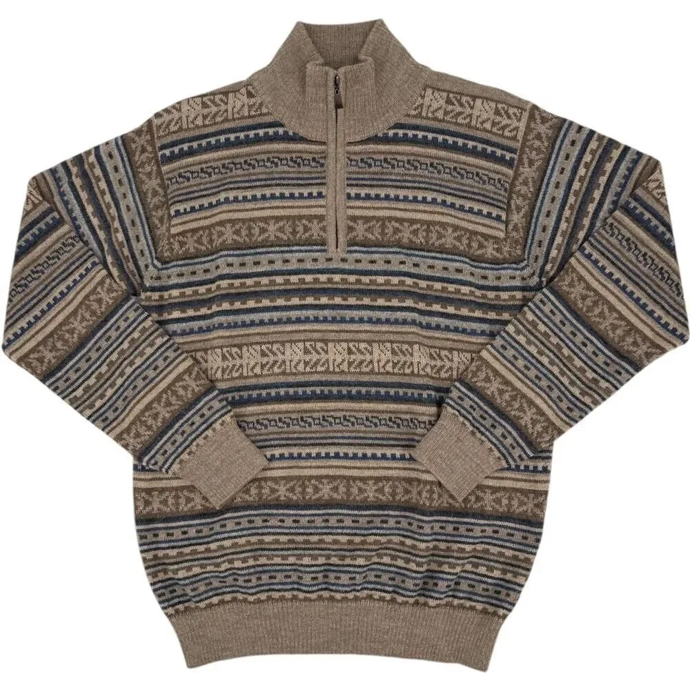 Pure Alpaca Augusto Baby Alpaca Peruvian Geometric Quarter Zip Sweater Beige SM